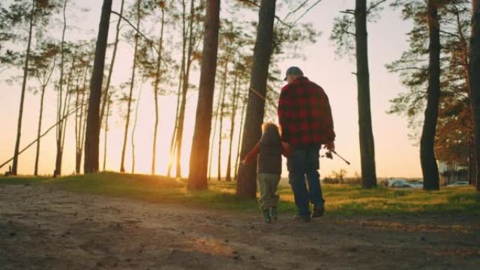 老费舍尔和他的小孙子要去森林里的湖里钓鱼，一起在美丽的风景中散步