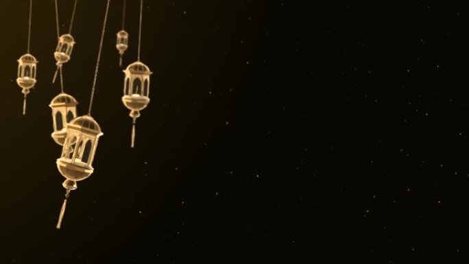 4K 3D蜡烛灯笼串挂伊斯兰斋月背景。月亮和灯笼。