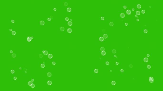 浮水气泡或肥皂气泡的平滑动画。逼真的气泡缓慢出现在绿色屏幕上的随机位置并消失。运动许多气泡粒子。阿尔