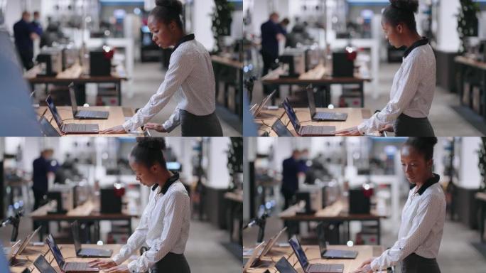 女人在电子产品商店的交易大厅选择笔记本电脑，测试新型号，查看展览样本