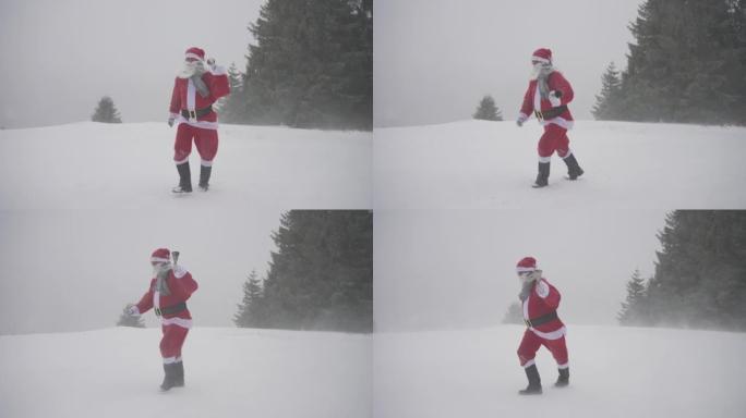 男子打扮成圣诞老人在暴风雪中背着斧头行走