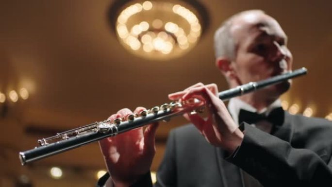 才华横溢的长笛演奏家正在老歌剧院或爱乐音乐厅演奏长笛，音乐家的肖像