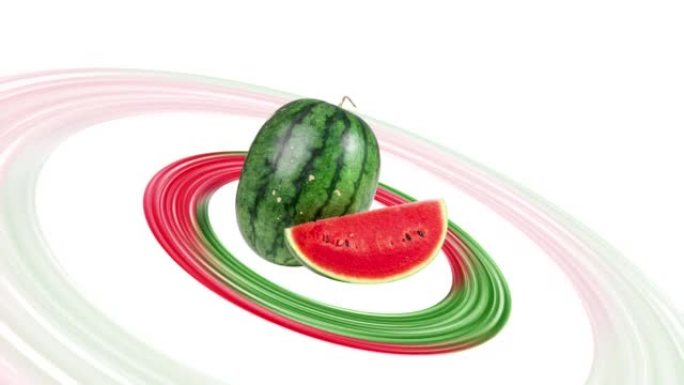 圆形刷子上的西瓜片和叶子斯托克白色背景