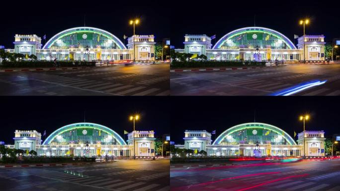 夜间照明曼谷城市火车站前门交通广场全景4k延时泰国