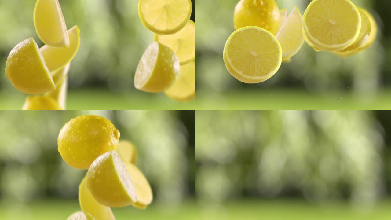 花园背景中的柠檬和切片飞行