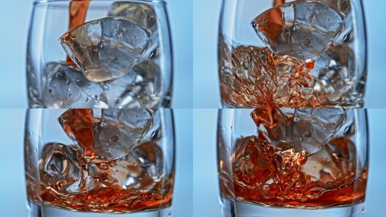 SLO MO TD饮料倒入装有冰块的玻璃杯中