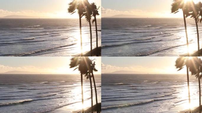 海浪、海滩和日落的凸起景观