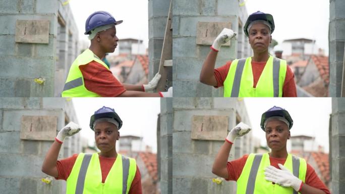 建筑工地上骄傲的女工肖像