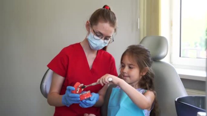 牙科4k视频中儿童颌骨解剖模型的口腔卫生课。牙医向孩子展示如何用牙刷正确刷牙。