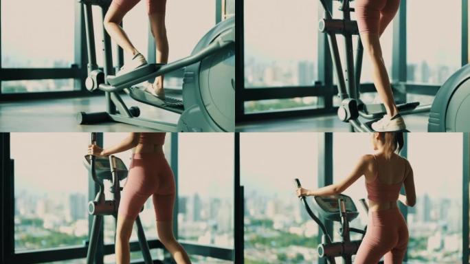 后视图: 美女在健身房用椭圆步行机锻炼