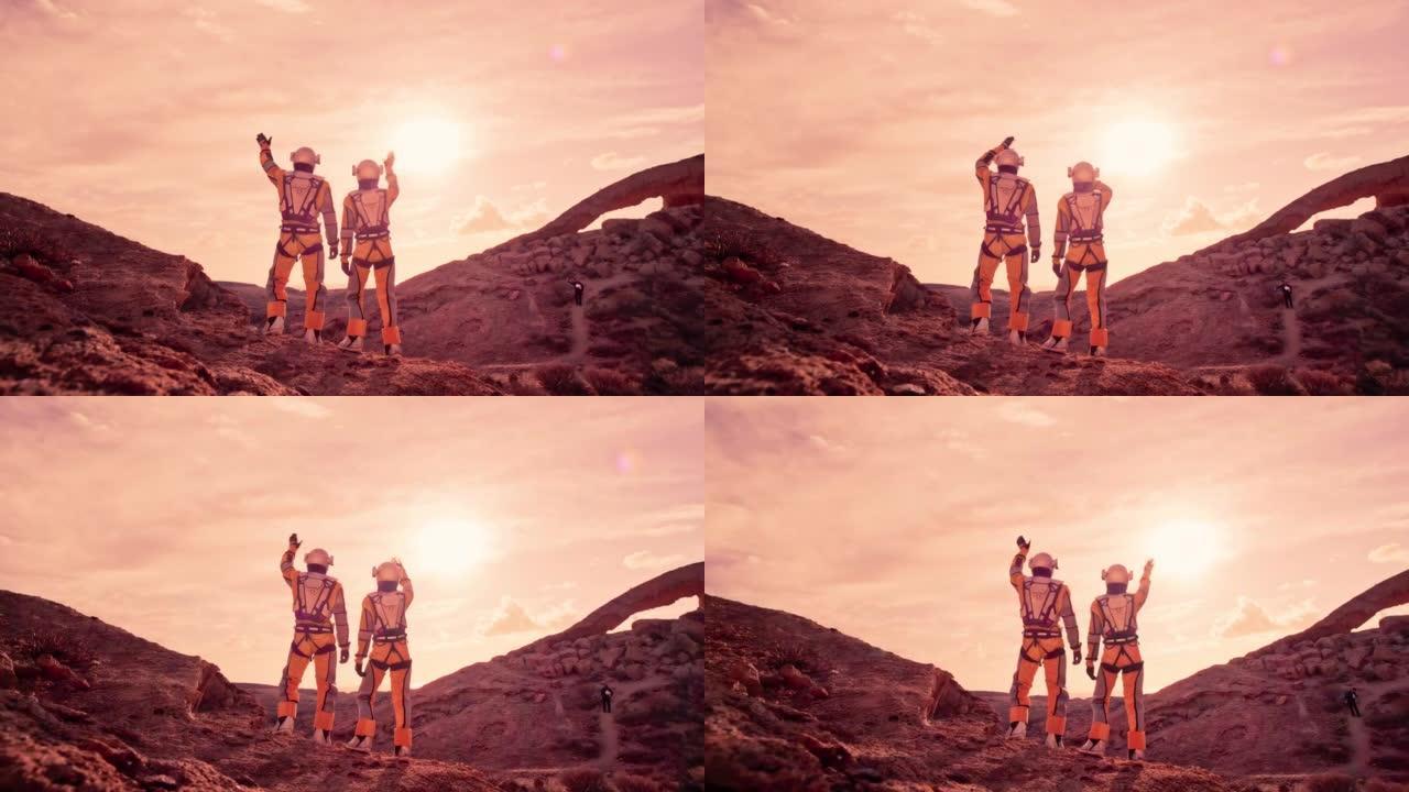 红色星球火星上的两名宇航员向天空挥手
