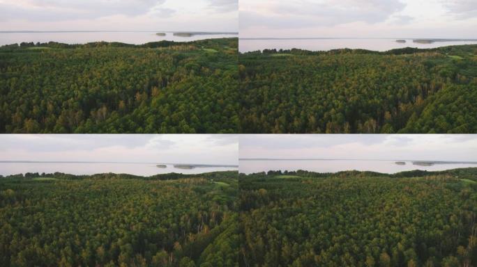 森林和湖泊的鸟瞰图。马苏里地区的日落