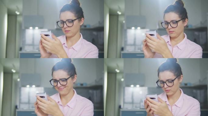 困惑沮丧的女人在眼镜上看着手机显示屏，不小心将个人数据上传到网络，长时间开机错误，手机内存不足