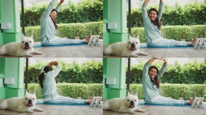 微笑的女人和可爱的法国斗牛犬一起享受瑜伽。