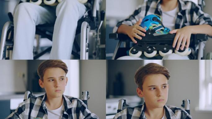 悲伤的少年男孩坐在轮椅上，手握旱冰鞋，希望康复