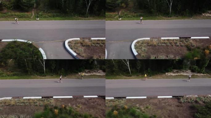 夏季白种人参加公园马拉松比赛的无人机镜头
