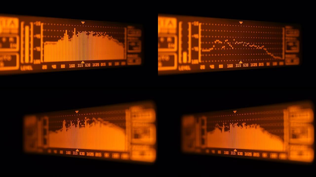 专业音乐会均衡器显示屏上有黄色频谱分析仪