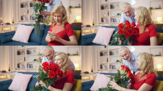 50多岁的男人给妻子送玫瑰，浪漫的心情，庆祝周年纪念日