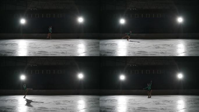 单人花样滑冰少年冠军女孩在空冰场独自滑冰，晚上训练，准备夺冠
