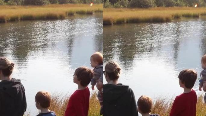 母亲和年幼的儿子在creek edge放松，喂鸭子