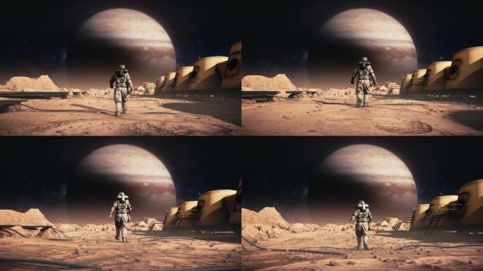 勇敢的宇航员穿着太空服自信地在火星上走向木星。空间站和火星探测器。被岩石覆盖的外星红色星球。