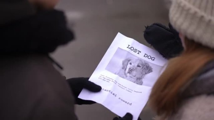 站在户外的十几岁女孩和男孩手中丢失的狗公告。在城市寻找宠物的十几岁的高加索朋友的肩膀上射击。