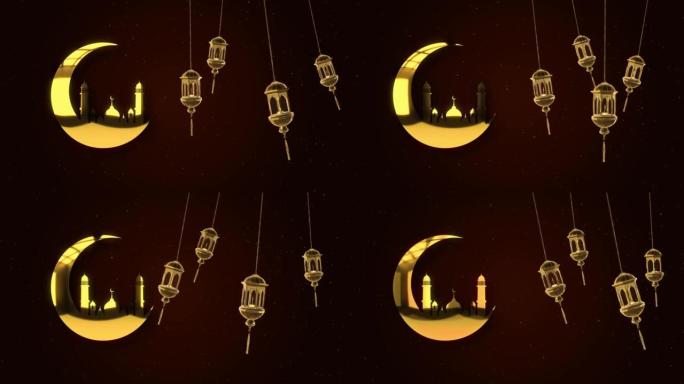 4k贺卡抽象金色开斋节穆巴拉克阿拉伯循环背景。
