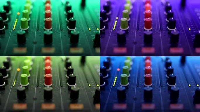 专业DJ套装混音器的特写镜头和慢速变色灯，迪斯科。