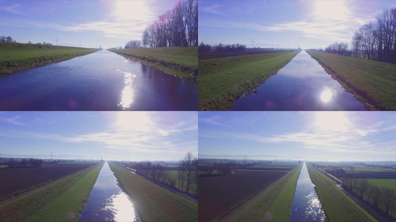无人机拍摄的农场人工水道