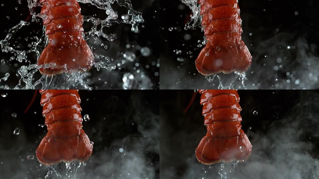 龙虾尾在慢动作中滴水蒸腾。用幻影弹性4k相机拍摄。