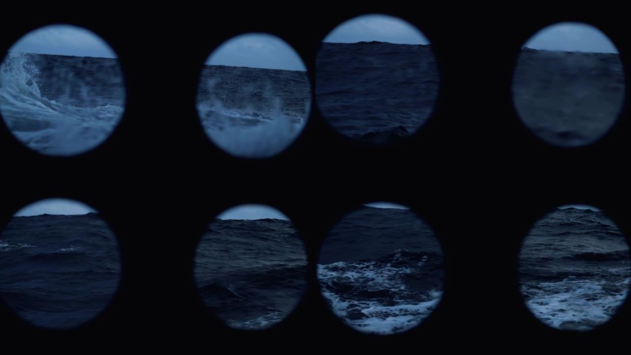 夜间在蓝色波涛汹涌的大海中的一艘船: 海浪黑暗的海景