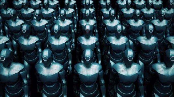 AI战士机器人军队慢慢走。入侵地球。抽象概念。
