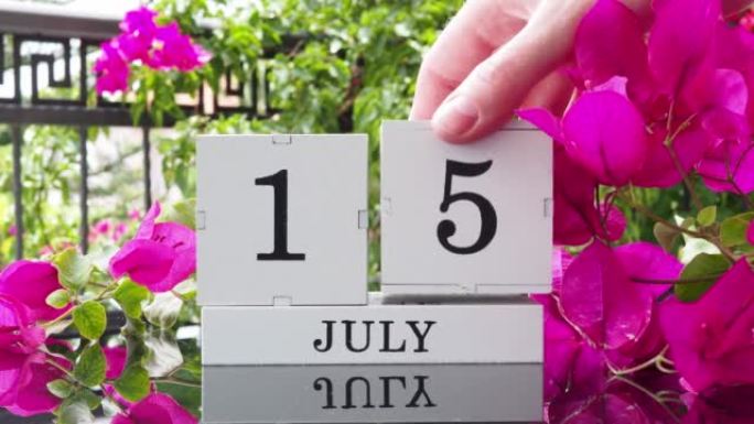 一个木制日历，有一个重要的活动，7月15日在一张有芙蓉花的桌子上，女人的手在日历上设定了日期。将日历
