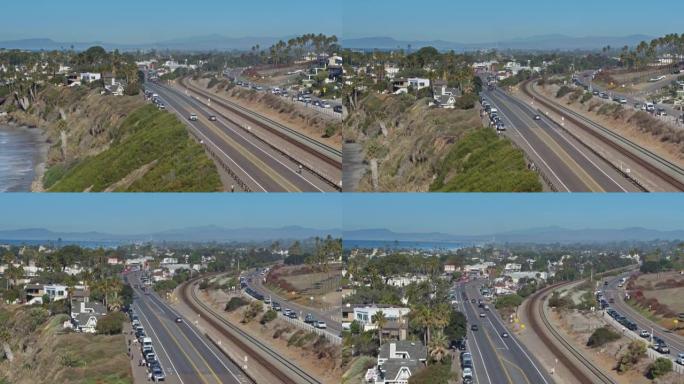 加利福尼亚州恩西尼塔斯的高速公路101上升无人机拍摄
