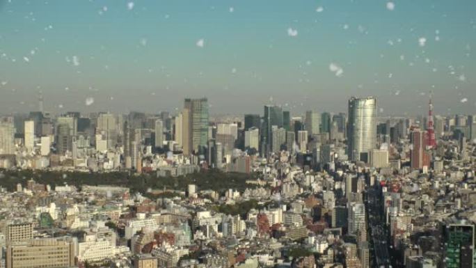 日本东京的降雪和市中心的城市景观。