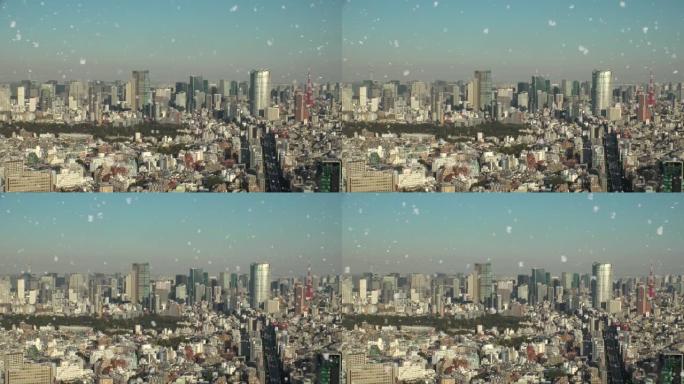 日本东京的降雪和市中心的城市景观。