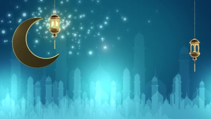 斋月穆斯林的神圣月份，斋月金月亮，星星和斋月灯笼3d循环动画4K。