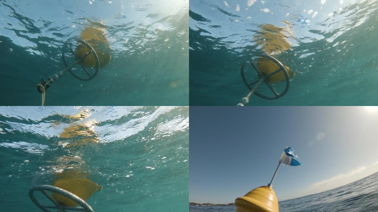 潜水员的视线从水面升起，旁边是在海面上飘扬的潜水旗。