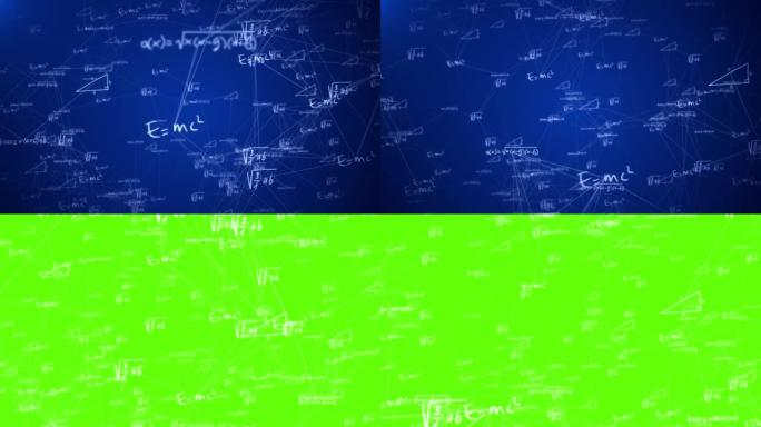 蓝色数字空间中照明数学和物理公式的3D抽象动画
