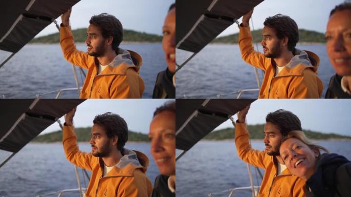 帆船上的年轻男女外国人自拍视频素材海上游
