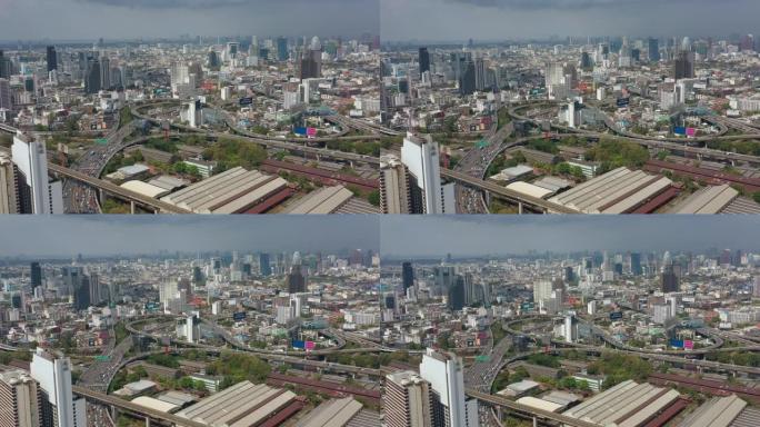 曼谷城市景观交通街路口空中全景4k泰国晴天飞行