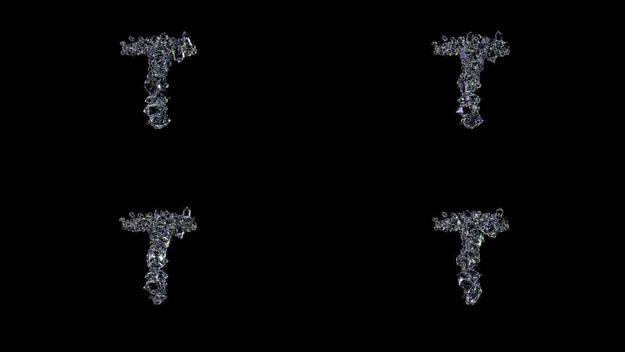 动画字母T-透明钻石珠宝字体，孤立循环视频