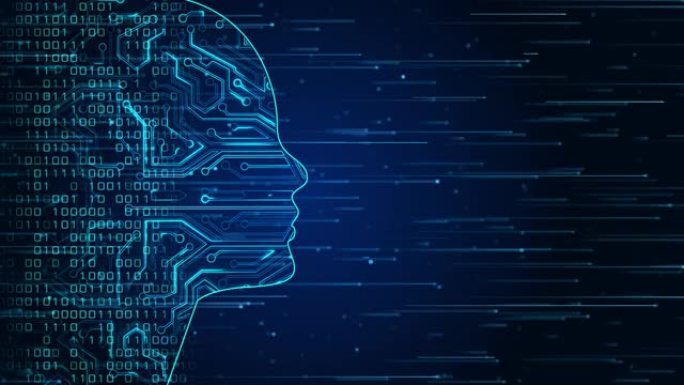 未来的人工智能技术机器学习，脸轮廓电路板和二进制数据流的蓝色环路背景。