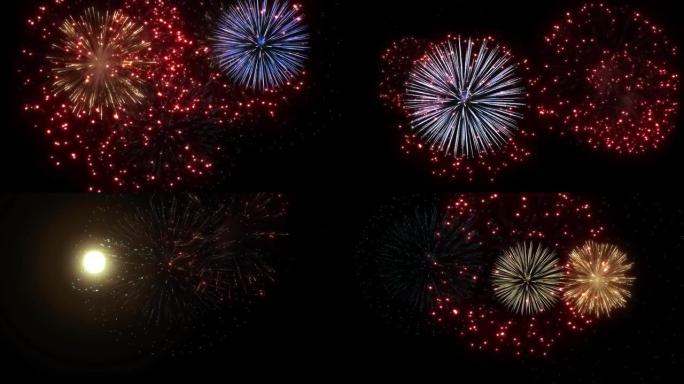 夜空中4k美丽的多色烟花。新年烟火秀爆炸