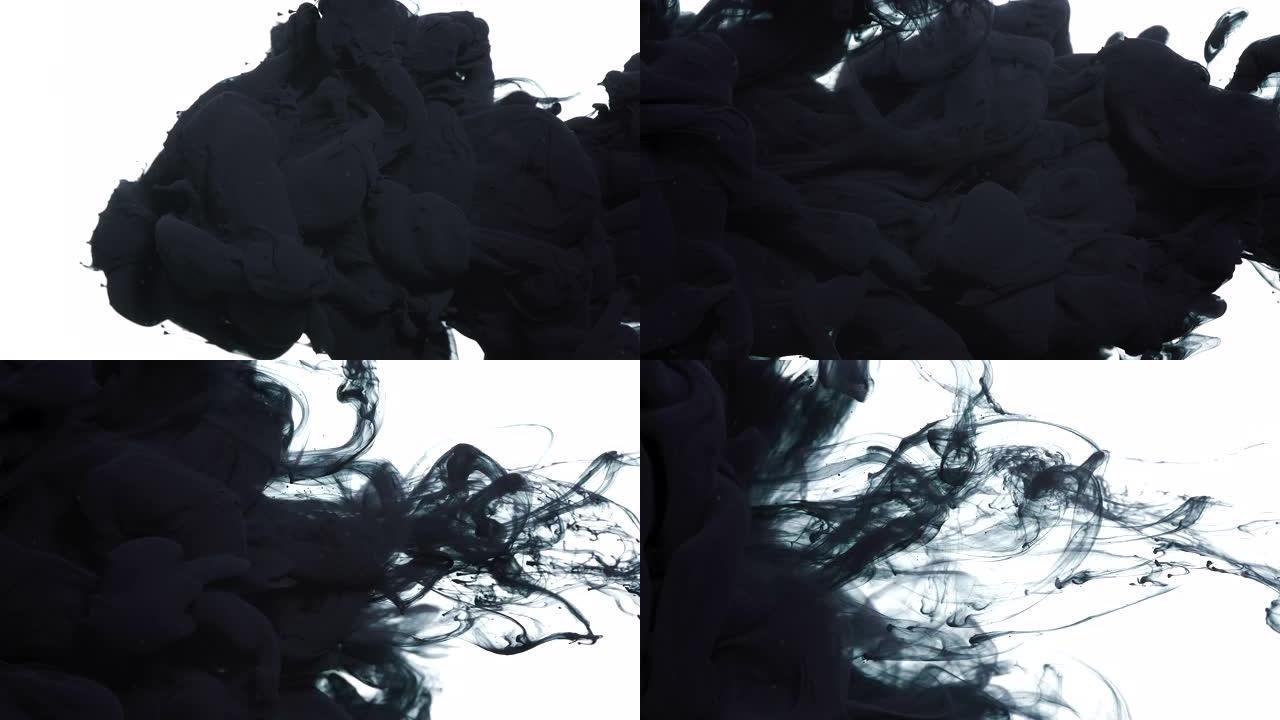 白色背景上的水中黑色水彩墨水。奇妙的抽象背景。