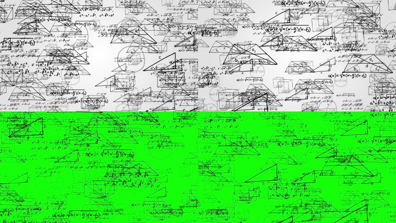 4K 3D循环飞行化学公式。科学运动背景。绿屏。