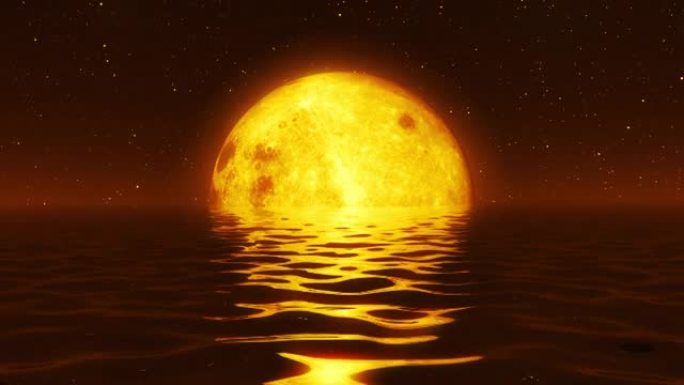 超现实的，满月在平静的海面上。黄光