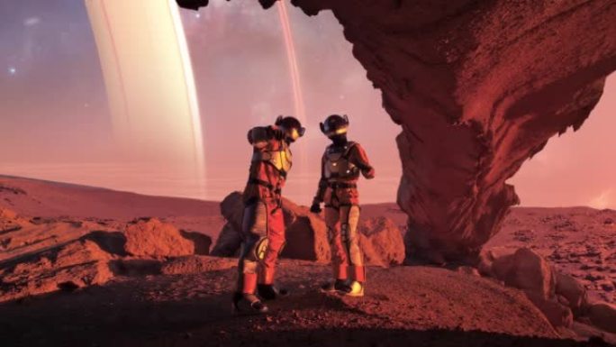 火星红色星球上的两名宇航员。指向天空中的土星行星