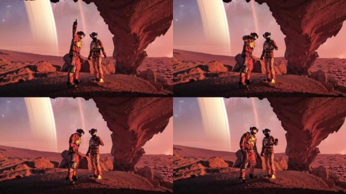 火星红色星球上的两名宇航员。指向天空中的土星行星