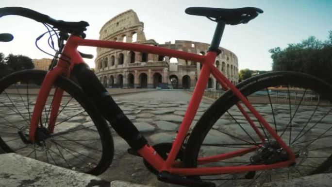 罗马体育馆，早晨有自行车，温暖的阳光